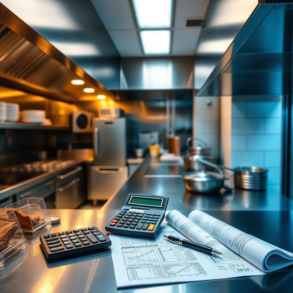 Bancada em inox com calculadora e planos para orçamento de cozinha profissional
